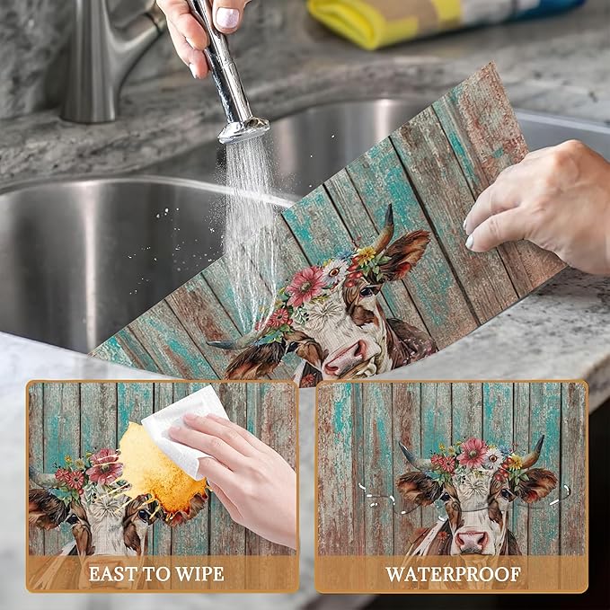 Highland Cow Retro Placemats Set of 6 Washable Table Mats for Kitchen Dining Table,Heat-Resistant Place Mats for Indoor Outdoor Party Holiday Decoration