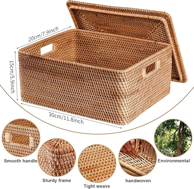 Rattan Basket With Lid, Large Lidded Basket For Storage(11.81" L×7.87"W×5.91"H)
