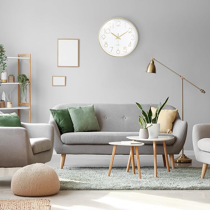 Lafocuse 12 Inch Silent Gold Wall Clock for Living Room Home Decor, Battery Operated Gold Clock Analog for Kitchen