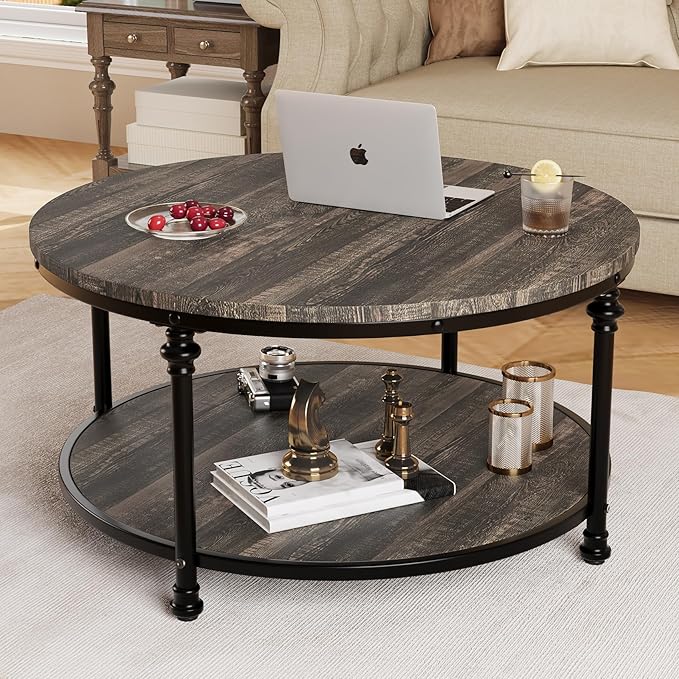 IDEALHOUSE Round Coffee Table for Living Room Rustic Center Table with Storage Shelf Wood Circle Coffee Table with Sturdy Metal Legs, Easy Assembly