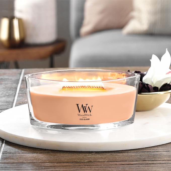 WoodWick Yuzu Blooms Scented Ellipse Candle, Crackles as it burns, Up to 50 hrs burn time, Perfect for gifting or home décor, 21oz