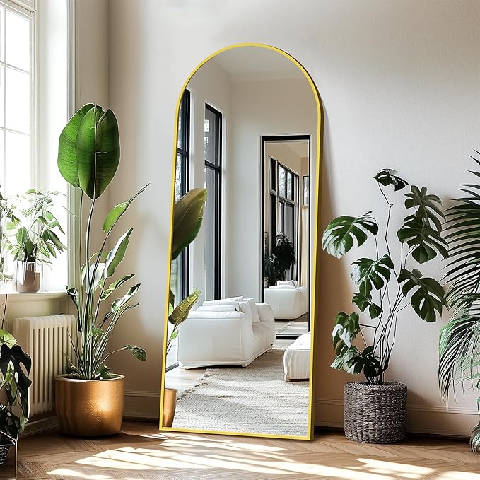 Delma Wall Mirror Full Length Mirror,Standing Mirror Full Body,Large Floor Mirror for Wall Door Bedroom Bathroom Living Room with Aluminium Frame(with Stand,Arch 69x24-Gold)