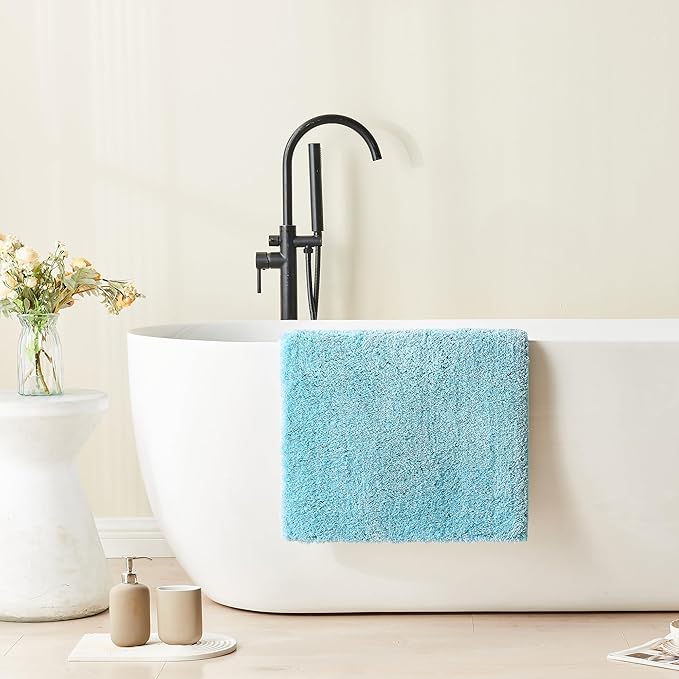 CozeCube Upgraded Shaggy Bath mat for Bathroom Non Slip 36" X 24", Super Soft Quick Dry Bath Rugs, Fluffy Plush Bathroom Rugs Machine Washable, Light Blue