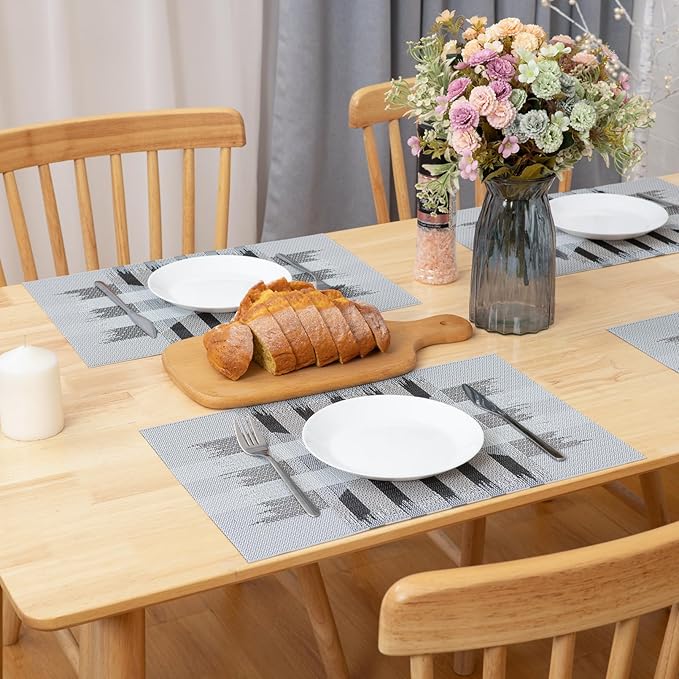 Winknowl Placemats Set of 4, Heat Resistant Stain Resistant Woven Vinyl Insulation Place mats, Durable Washable Elegant Table Mats for Kitchen Dining Table Decor (Geometric Gray)