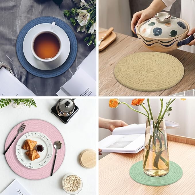 Round Placemats Set of 6, Cotton Rope Woven Table Mats, Hot Pads for Kitchen, Non Slip Heat Resistant Place Mats, 13 Inches Braided Placemat for Farmhouse Decor and Kitchen Table Decor (Khaki)