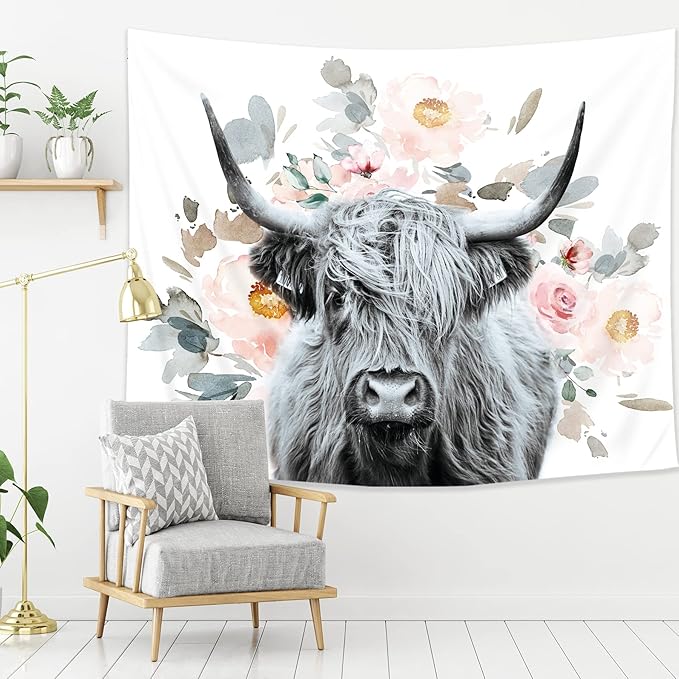AMBZEK Highland Cow Tapestry Floral 51Hx59W Inch Western Country Wall Art Funny Tapestry Bull Cattle Rustic Farmhouse Wildlife Flowers Cute Animal Farm Wall Hanging Bedroom Living Room Decor Fabric