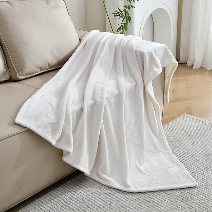 SOCHOW Flannel Fleece Blanket Throw Size, All Season Super Soft Cozy Blanket for Bed or Couch, Cream White, 50x60 inches