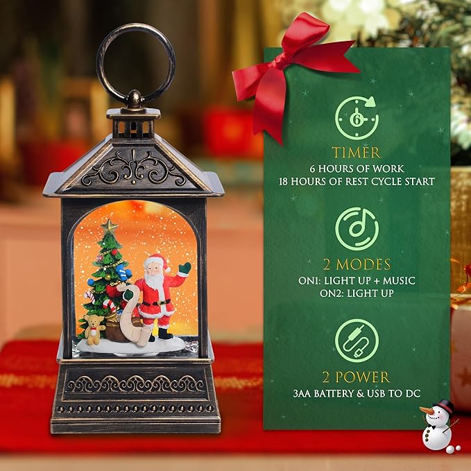 Christmas Snow Globes, 8" Santa Claus Glitter Water Lantern with 8 Songs, 6H Timer Battery & USB Powered Music Box for Christmas Decorations Indoor