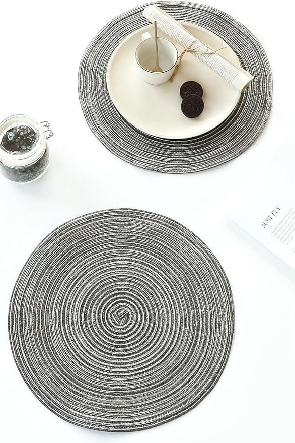 Floroom 15 Inch Round Braided Placemats Set of 6, Washable Heat Resistant Cotton Polyester Circle Place Mats for Kitchen Dining Table - Mist Grey