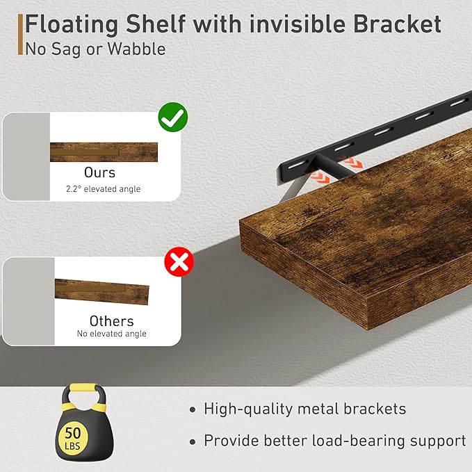 Fun Memories Floating Shelves - 2 Pack 9.3 Inch Deep Rustic Wooden Wall Shelves - Wall Mounted Storage Shelf with Invisible Brackets, 24" W x 9.3" D x 1.6" H - Brown