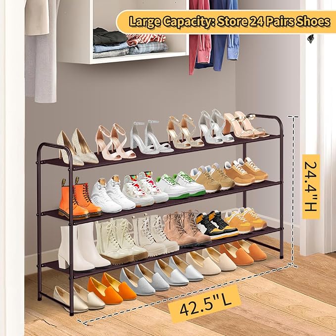 SLEEPING LAMB 3-Tier Shoe Rack for Closet, Long Stackable Wide Shoe Organizer Holds 24-Pairs Low Shoe Storage for Bedroom, Floor, Entryway (Bronze)