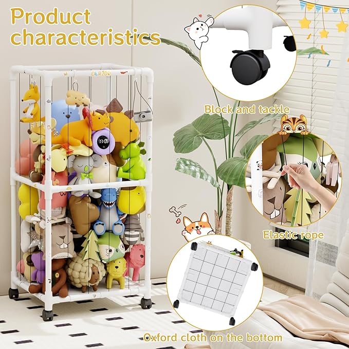 Extra Large Stuffed Animal Zoo Cage with Wheel, Stuffed Animal Storage Shelves Display, Plush Animal Storage Holder for Stuffed Animals, Playroom, Bedroom, Nursery, Kids Toy Storage Organizer