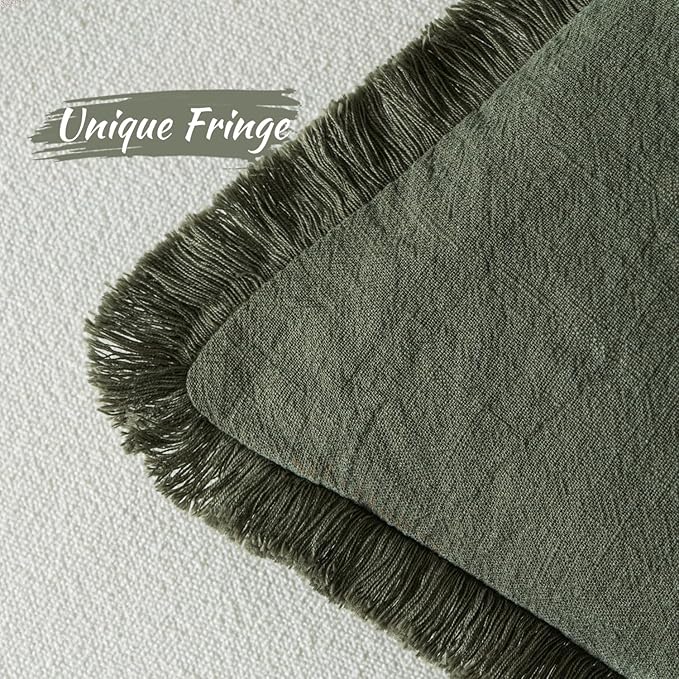 MIULEE Decorative Throw Pillow Covers Neutral Linen Fringe Throw Pillows Set of 2 Rifle Green Boho Farmhouse Cushion Covers with Tassels for Couch Sofa Bed Living Room Spring Home Decor 20x20 Inch