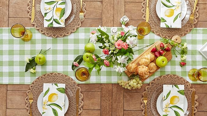 DII Heavyweight Fringed Check Tabletop Collection, Table Runner, 14x108, Bright Green