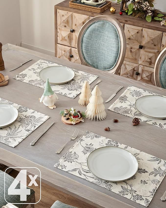 JINCHAN Linen Floral Fall Placemats Set of 4 Cloth Table Mats Rustic Cottagecore Jacobean Outdoor Seasonal for Kitchen Dining Table Decor Non-Slip Washable Tablemats 13x19 Inch Grey