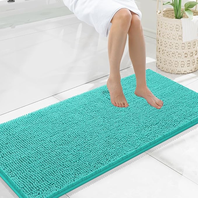 Smiry Luxury Chenille Bathroom Rugs 47x20, Extra Soft and Absorbent Shaggy Bath Mat, Machine Washable, Non-Slip Plush Carpet Runner for Tub, Shower, and Floor, Home Decor Accessories, Turquoise