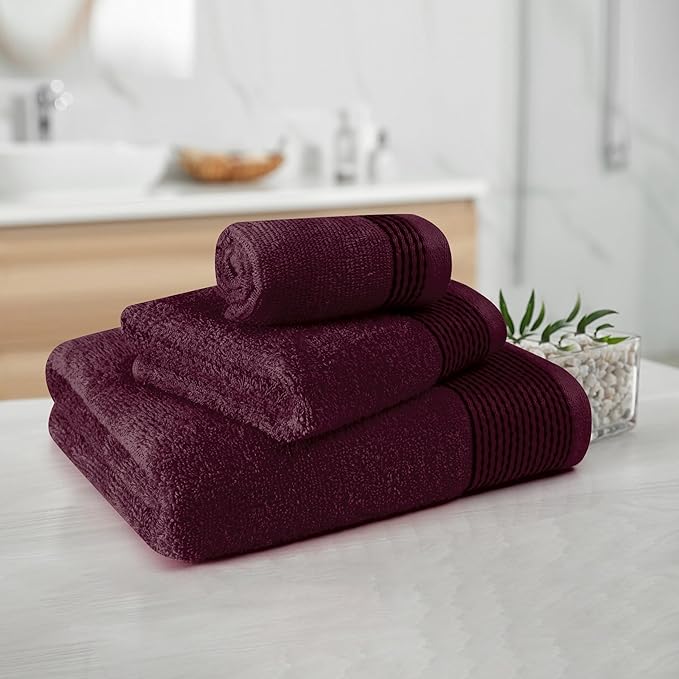 Belizzi Home Ultra Soft 3 Pack Cotton Towel Set, Contains a Bath Towel 28x55 inch, a Hand Towel 16x24 inch & a Wash Coth 12x12 inch, Ideal Everyday use, Compact & Lightweight -Burgundy