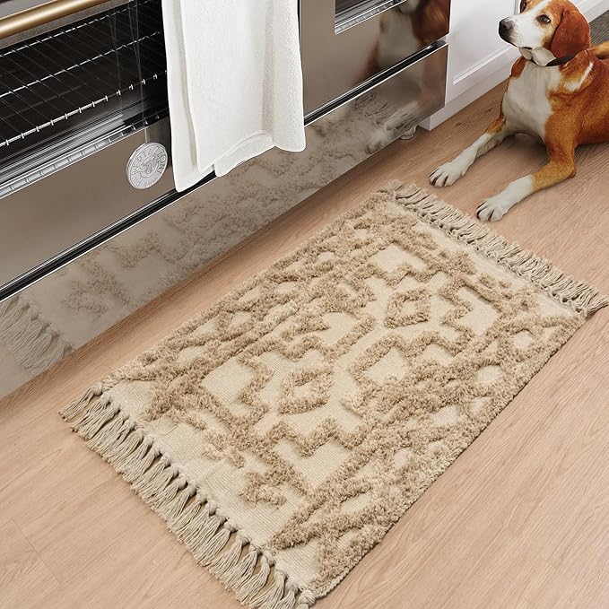 Uphome Boho Bathroom Rug 2' x 3', Small Farmhouse Kitchen Rugs with Tassels, Khaki Washable Front Door Mat, Cotton Woven Moroccan Tufted Throw Rug for Bedroom Entryway Laundry Living Room
