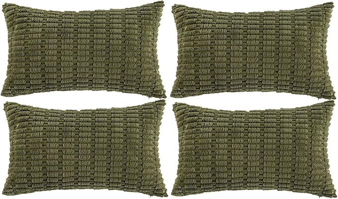 Fancy Homi 4 Packs Boho Moss Green Decorative Throw Pillow Covers 12x20 Inch for Couch Bed Sofa, Rustic Modern Farmhouse Home Decor, Soft Plush Corduroy Cute Rectangle Cushion Case 30x50 cm