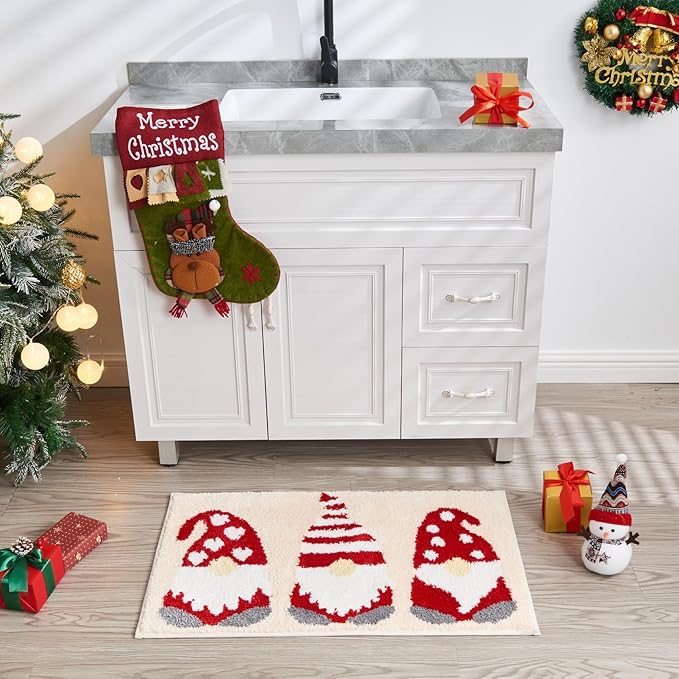 Douceur Christmas Gnome Bathroom Rugs, Cute Beige Bath Mat, Christmas Bathroom D cor Non Slip Bath Rugs, Soft and Absorbent Washable Rugs 24"X16"
