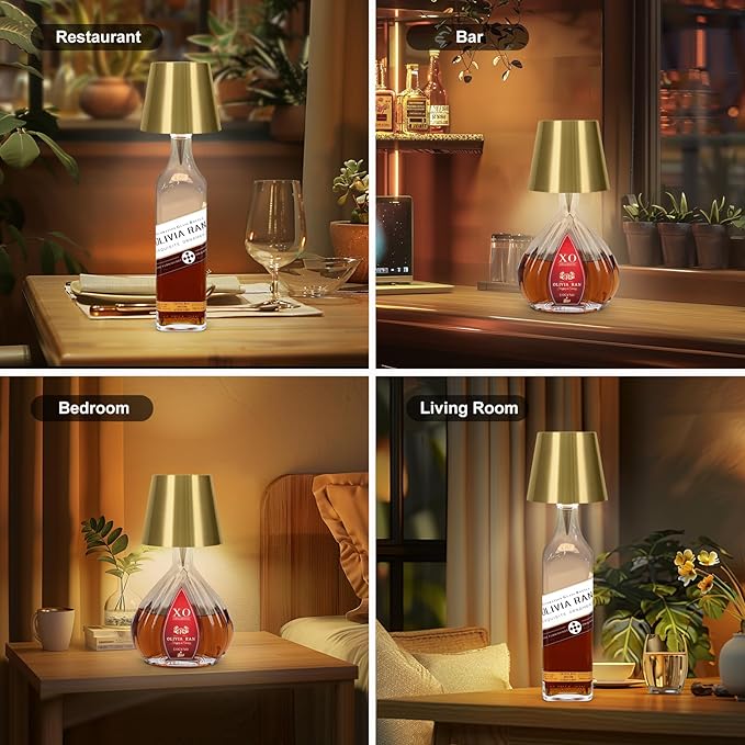 Wine Bottle Lamp, 2025 New 3 Color Rechargeable Wireless Bottle Lamp for Liquor Bottles with Touch Dimming for Parties, Restaurants & Home Decor (Gold)