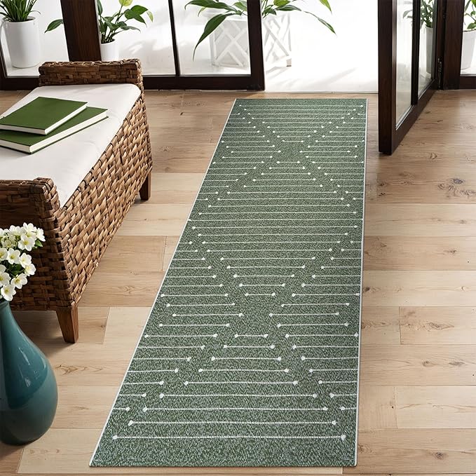 LIVEBOX Green Runner Washable Rug 2'x6', Boho Long Hallway Runner Rugs, Moroccan Woven Kitchen Runners, Entryway Throw Rug Indoor Cotton Mat for Bedroom Laundry Bathroom(Green & White)
