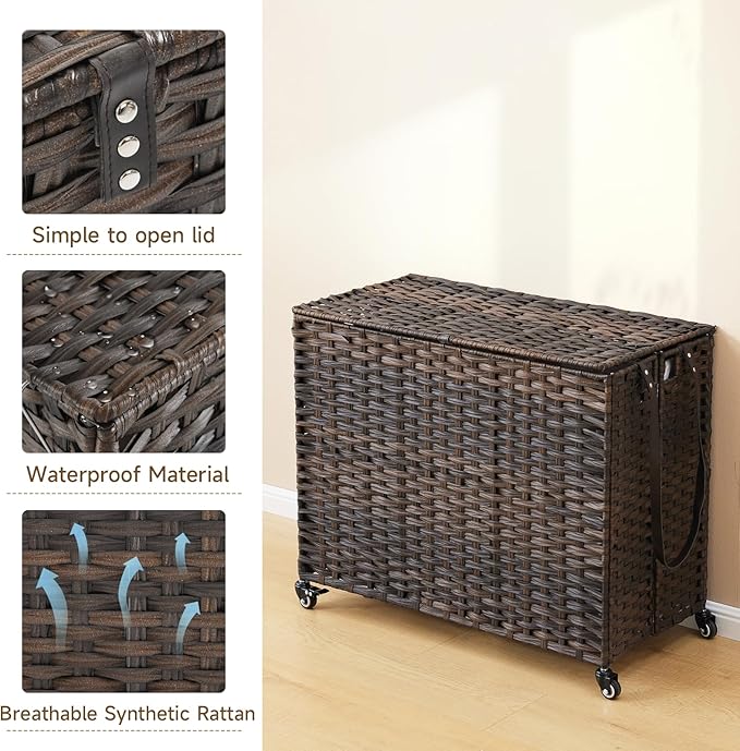 Laundry Hamper with Wheels, 52.8 Gallon(200L) Rolling Laundry Basket with Lid, 3-Section Rattan Clothes Hamper with 3 Removable Liner & 3 Mesh Bags, Laundry Sorter with Side Pocket, Brown