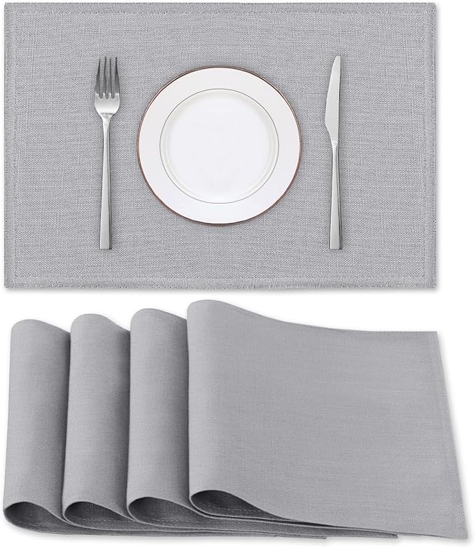 H.VERSAILTEX Linen Placemats Set of 4 Premium Solid Table Placemats for Dining Table Spill-Proof Waterproof Table Mats Heat-Resistant Kitchen Table Mats Washable, 12x18 inches, Grey