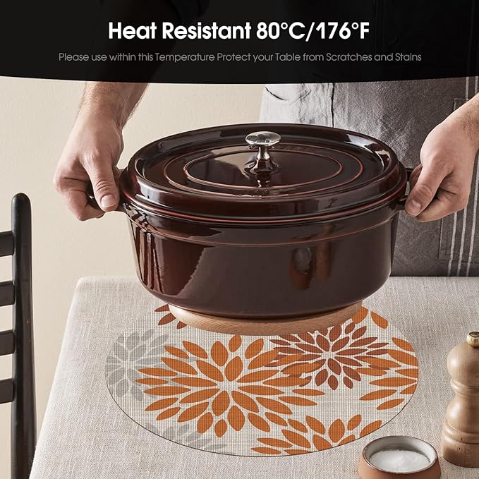 Artoid Mode Orange Dahlia Plastic Round Placemats Set of 4, 14 Inch Seasonal Wipeable Woven Vinyl Table Mats for Farmhouse Party Kitchen Dining Decor
