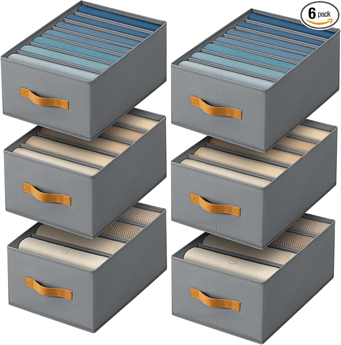Clothes Organizers and Storage - 4/5/7 Grids Fabric Jeans Organizer with Handles, Foldable Closet Organizers Dividers, Wardrobe organizer for Pant, Sweater, T-shirt, Scarf, 6 Pack, Pale Grey