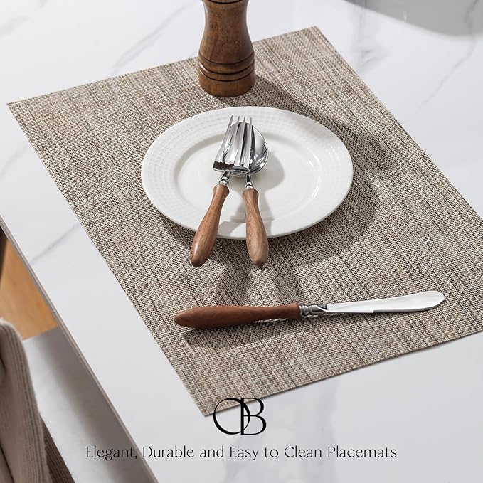 Placemats Set of 6 - Easy Clean Woven Vinyl Placemats for Dining Table, Indoor/Outdoor Place Mats, Washable PVC Table Mats(Caramel)