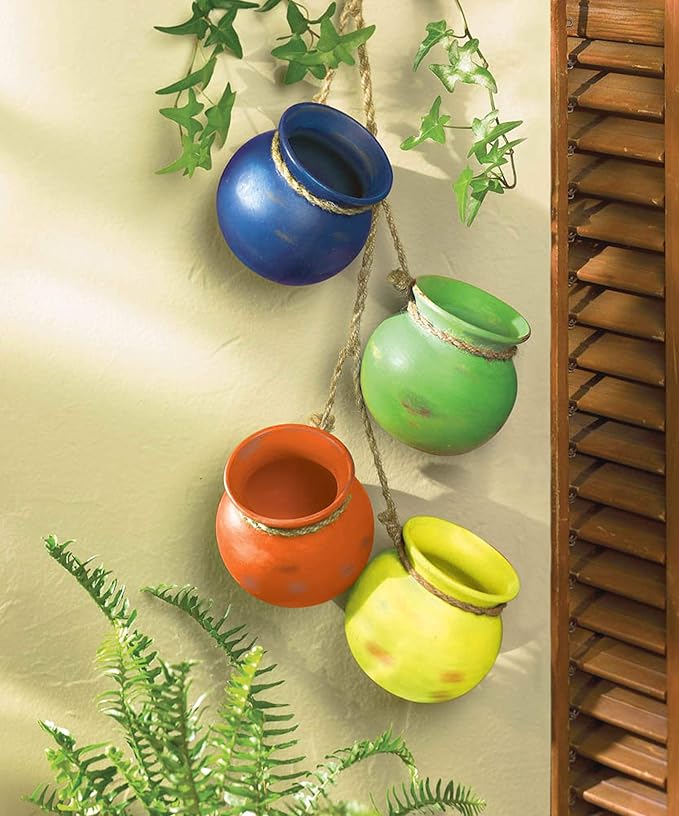 Zingz & Thingz Color Terracotta Planter Collection 4-Piece Dangling Hanging Mini Pots, 3.75x3.75x23, Fiesta Bright Colors