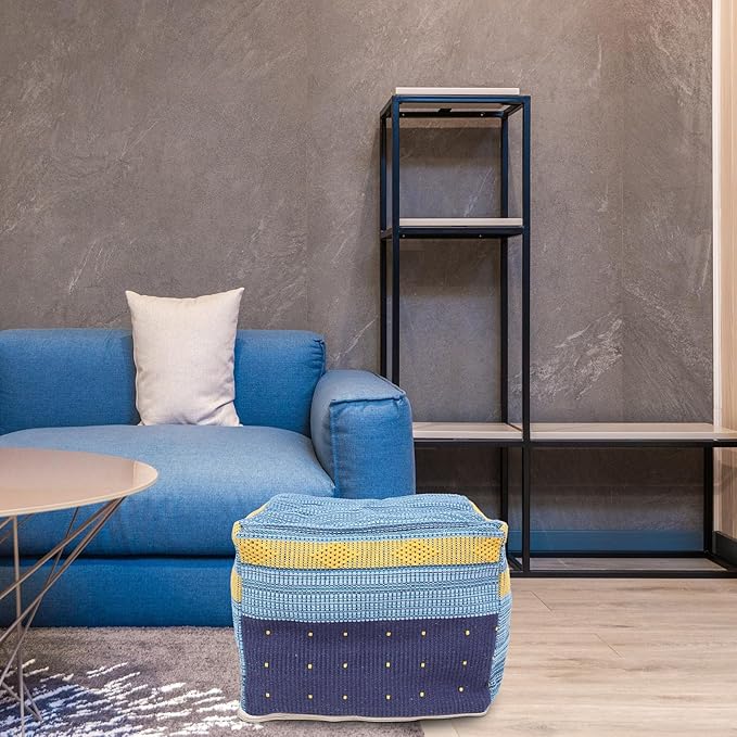 VOSAREA Square Pouf Ottoman Cover - Boho Linen Cushion Decorative Unstuffed Thick Cotton Linen Tatami Buttocks Cushion (Sky-Blue)