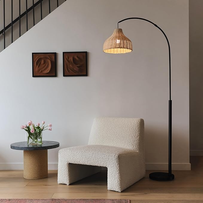 Brightech Lark Standing LED Floor Lamp for Bedroom, Living Room, Office - Modern Tall Corner Arc Lamp with Boho Hanging Rattan Shade - Bright Bedside Reading Light - Black