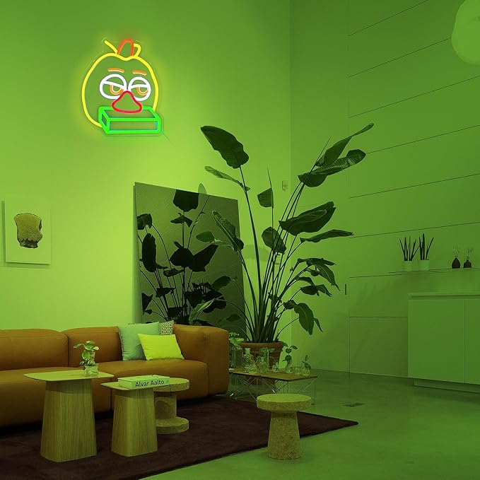 Playful Chicken Neon Signs for Wall Decor, Anime LED Light for Bedroom, Kids' Room, Birthday Decorations, USB Powered, Yellow, Green, Orange Color, 11.2"x9.4"