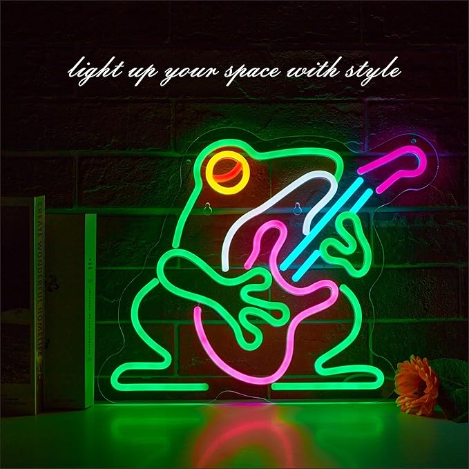 Cowboy Frog Neon Sign for Wall Decor, Musician Frog LED Neon Signs Lights for Bedroom Wall Decor Room Men Cave Game Room Decor, Birthday Party Decoration Gift