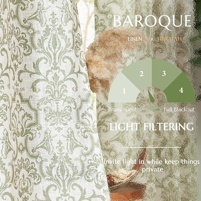 jinchan Curtains for Bedroom, Light Filtering 96 Inch Length 2 Panels Set, Baroque Style Linen Blend Drapes Living Room, Vintage Damask Window Treatments, Grommet Top Sage Green on Flax, W52 X L96