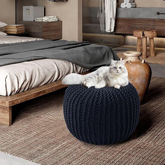 HOMBYS Unstuffed Ottoman Pouf Cover, 100% Cotton Handmade Knitted Ottoman Pouf Cover Round Foot Stool, Floor Bean Bag Chair, Foot Rest Storage for Living Room Bedroom, Navy Blue(Cover ONLY NO Filler)
