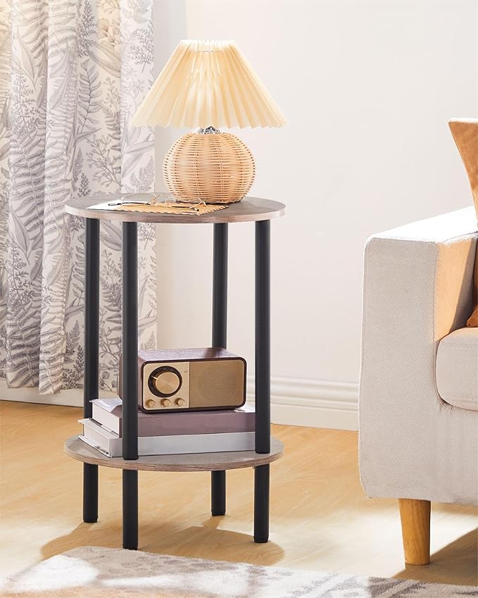 Round Side Table, 2-Tier End Table, Small Round Nightstand with Sturdy Metal Tube, Industrial Small Coffee Table, for Living Room, Bedroom, Greige and Black TBZ01BG