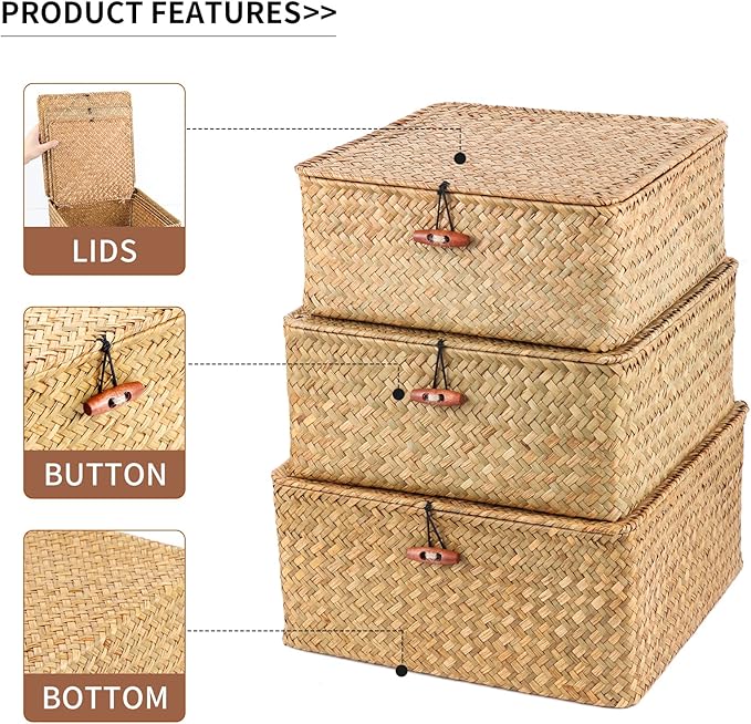 3 Pack Cube Seagrass Storage Bins with Lids, Rattan Woven Decorative Storage Boxes, Wicker Storage Baskets for Shelves, Storage Containers for Organizing, Clothes and Hobby Things