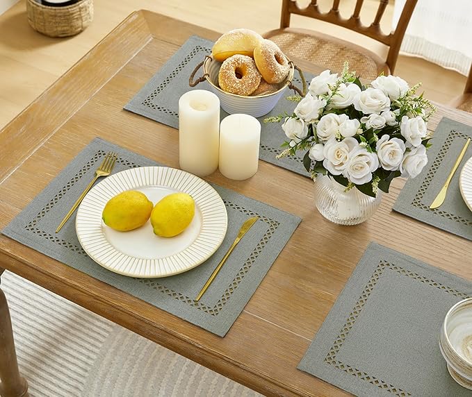Burlap Placemats Set of 4, 12 x 18 Inch Rustic Geometric Hollow Place Mats, Heat Resistant Placemats for Farmhouse Kitchen Table Decor, Grey 4PCS