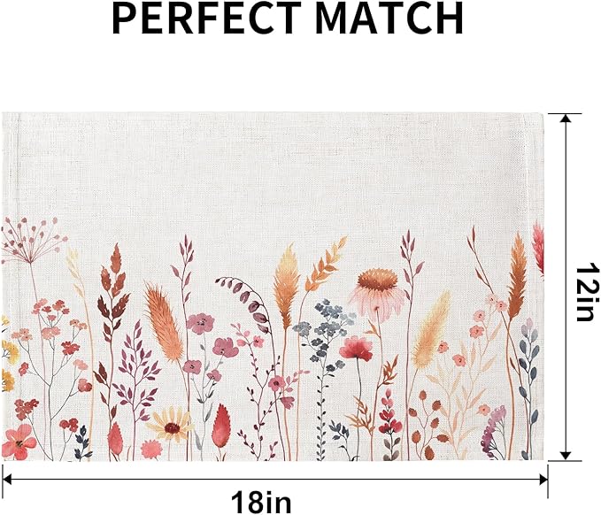 QIYI Boho Placemats Set of 4, 12x18 Inch Linen Fabric Floral Place Mats for Kitchen Dinning, Farmhouse Rustic Cloth Table Mats, Washable Placemat Party Table Décor, Autumn Wildflowers