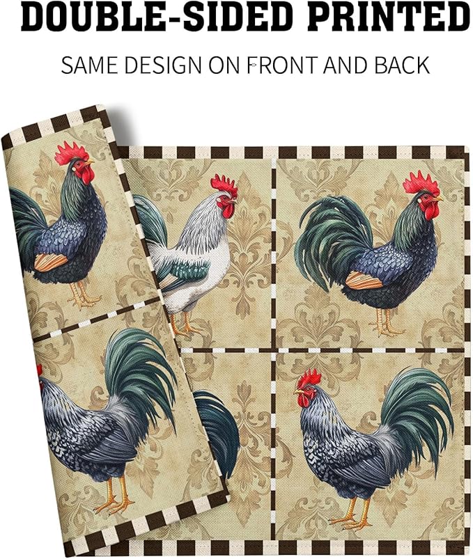 Rooster Placemats Set of 4-12 x 18 Inch Farm Animal Chicken Cotton Linen Table Mat Country Style Buffalo Plaid Decoration Washable Table Place Mats for Kitchen Dining Party