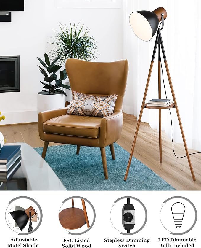ELYONA Dimmable Tripod Floor Lamp with Table, Wood Standing Lamp with Adjustable Metal Shade, Modern End Table with Reading Light for Livingroom, Bedroom, Office, LED Bulb Included, Black & Brown