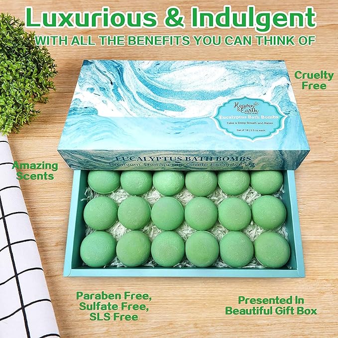 Bath Bomb Gift Sets for Men. 18 Therapeutic Spearmint Eucalyptus Bath Bombs for Sore Muscles. Best Mens Bath Bomb Gift Box for Him & Her