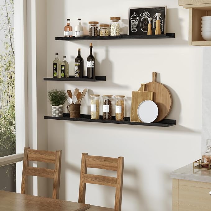 Floating Shelves Wall Mounted Set of 2, Modern Black Wall Shelves for Storage with Lip, Display Picture Ledge Shelf for Bedroom Kitchen Bathroom Living Room Nursery Display