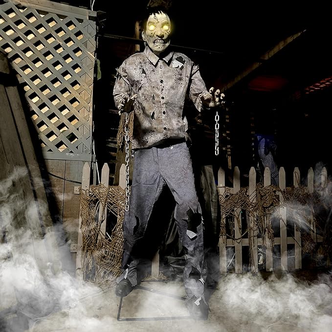 Haunted Hill Farm Motion-Activated 6-Ft. Tall Guard Zombie, Plug-in Scare Prop Animatronic with Spooky Sound Effects and Lights for Indoor or Covered Outdoor Creepy Halloween Decoration