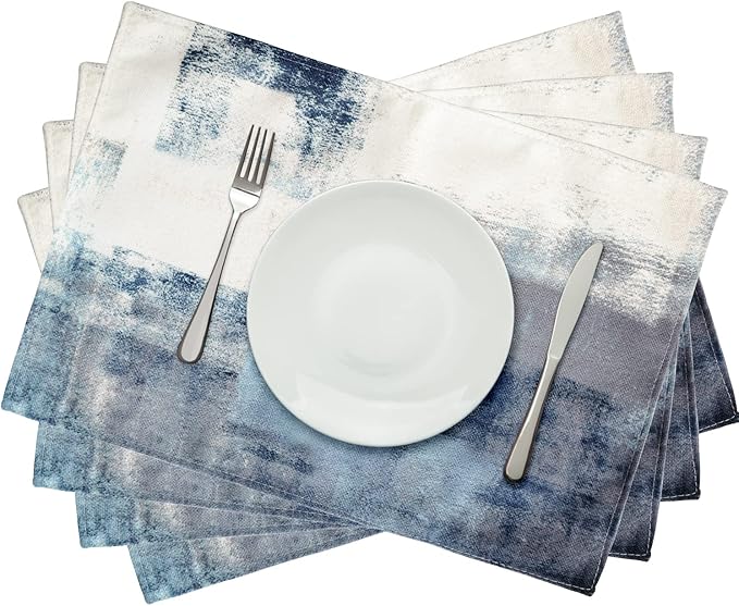 Blue Abstract White and Grey Modern Art Placemats Set of 4, Heat Resistant Non-Slip Artwork Dining Placemats, Washable Place Mats for Home Kitchen (18"X12")