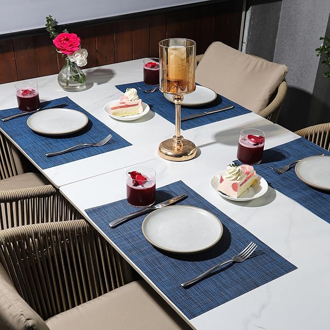 Zupro Placemats Set of 4 Washable Heat-Resistant Non Slip Braided Table Mats Woven PVC Vinyl Kitchen Dining Patio Table Place Mats for Dinner Parties BBQs Indoor and Ourdoor Use.18"x12"(Navy Blue)