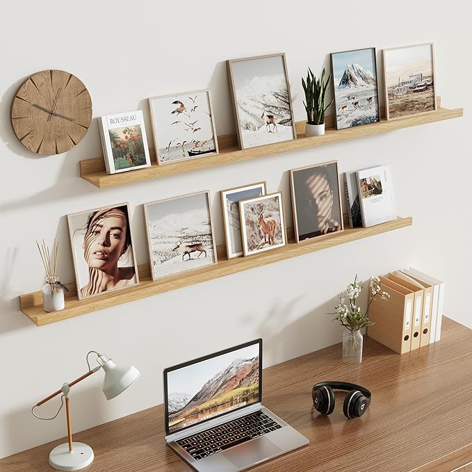 Oak Picture Ledge Shelf,Floating Wall Mounted Shelves, Black Shelves for Wall Decor, Modern Picture Ledge Shelf with Lip for Storage, Bedroom, Living Room, Bathroom,Nursery Display